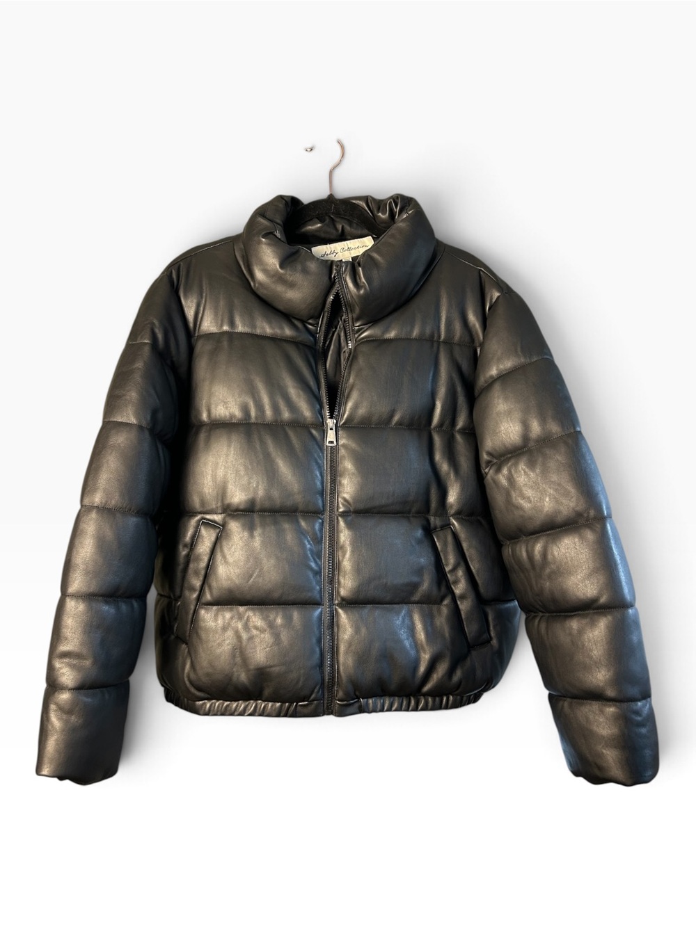Women's Black Faux-Leather Puffer Jacket - Stylish Quilted Coat